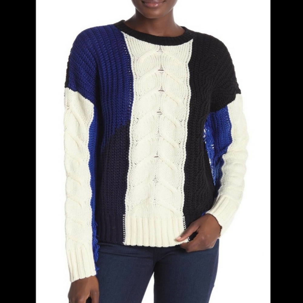 Free Generation Chunky Cable Knit ColorBlock Fringe sleeves Sweater S NWT